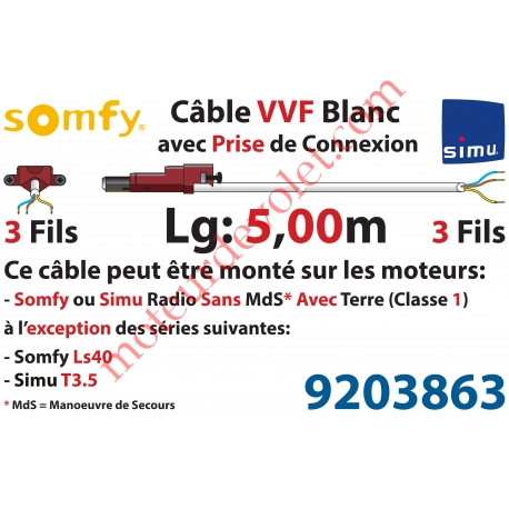 Câble H05VVF Blanc 3 x 0.75 mm² lg 5,00 m Avec Prise Marron ou Grise pour Moteur LT Rts ou io