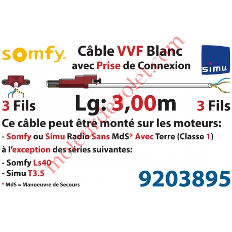 Câble H05VVF Blanc 3 x 0.75 mm² lg 3,00 m Avec Prise Marron ou Grise pour Moteur LT Rts ou io
